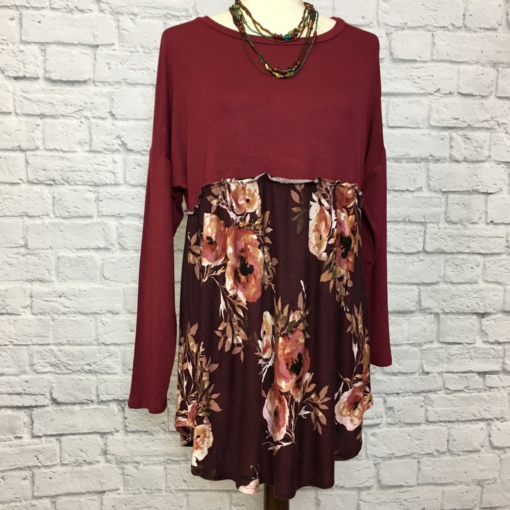 Acting Pro baby doll top, maroon & cream, M